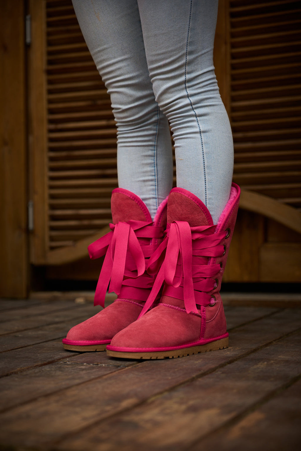 UGG Ribbon Lace-Up Faux Fur-lined Suede Boot - Fuchsia