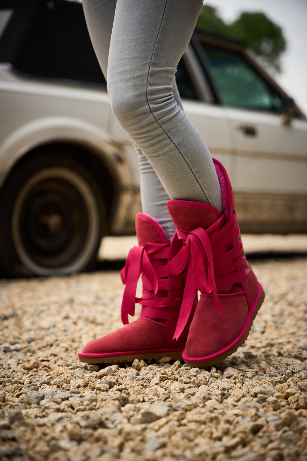 UGG Ribbon Lace-Up Faux Fur-lined Suede Boot - Fuchsia