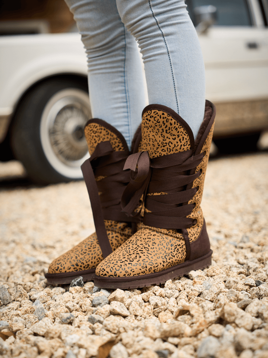 UGG Ribbon Lace-Up Faux Fur-lined Suede Boot - Leopard