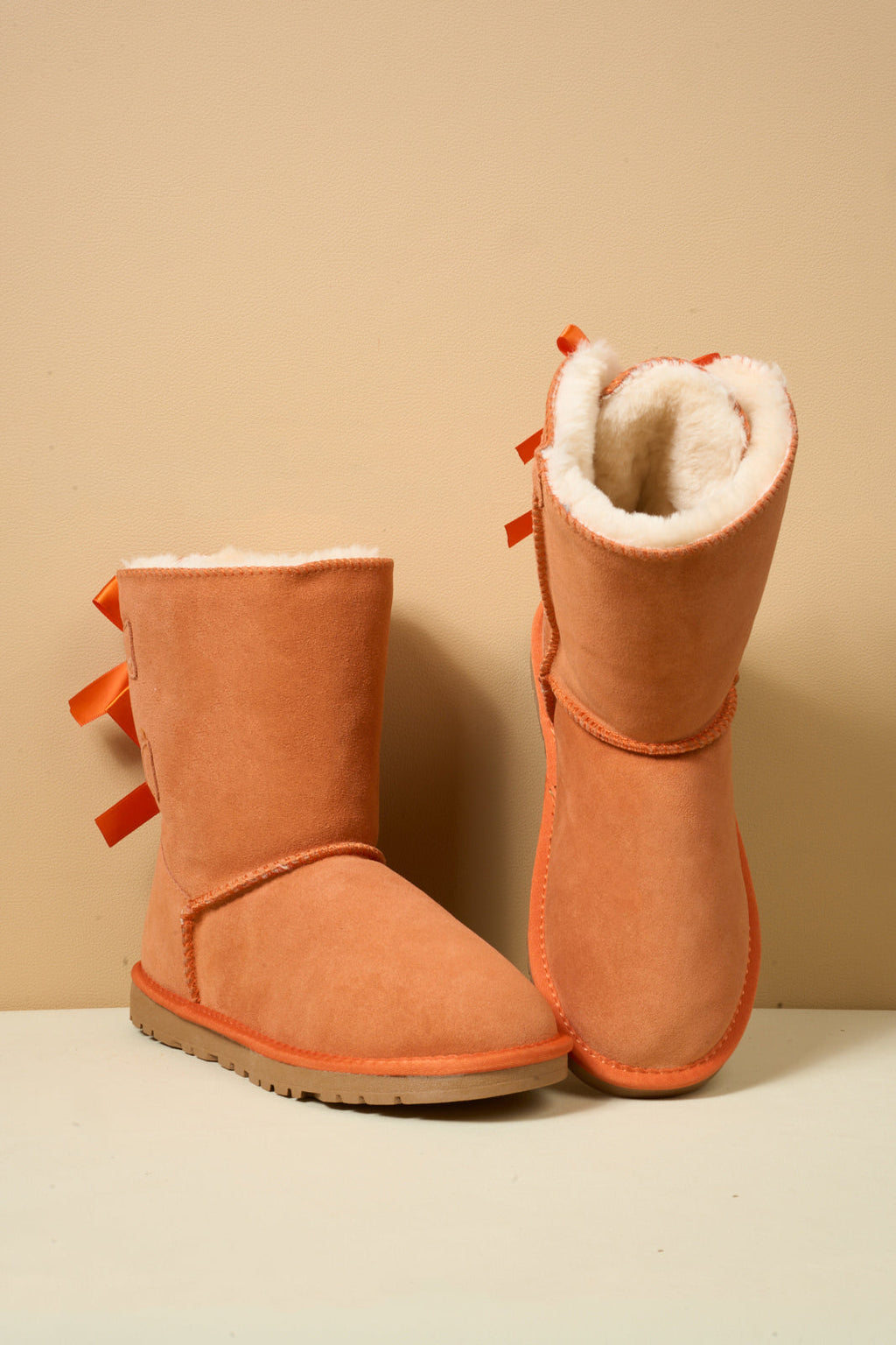 UGG Double Ballet Ribbon Bow Suede Shearling Boots - Orange
