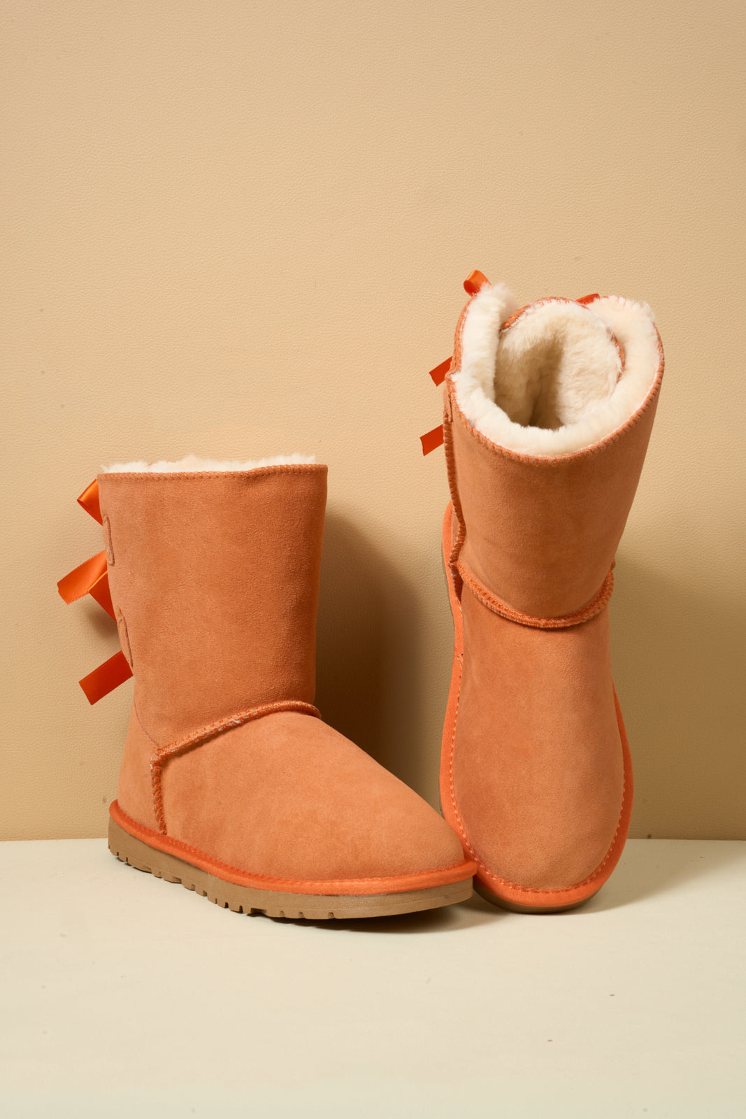UGG Double Ballet Ribbon Bow Suede Shearling Boots - Orange